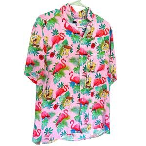 Men's H&M SpongeBob SquarePants Size M Pink Flamingo Hawaiian Aloha Button Down